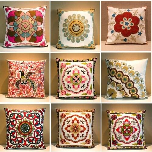 Hot Sale Ethnic Hand-embroidered Cover Geometric Printed pillowcases Linen Cotton Pillow Covers Sofa 45x45cm Cushion Cover#74432