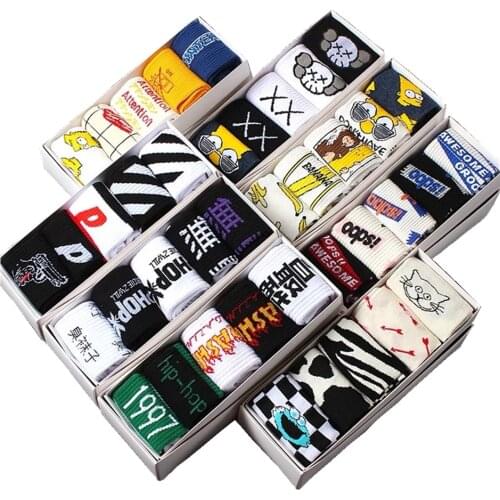 5 pairs fashion tide brand cartoon funny socks Harajuku street hip hop sports men women cotton crew socks happy skateboard socks