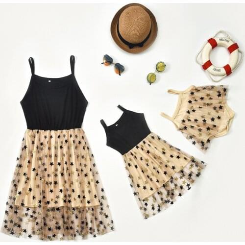 Matching Family Outfits Women Tank Dresses Patchwork Baby Girls Rompers Mother and Daughter Stars Mesh Dresses Mom Child Clothes