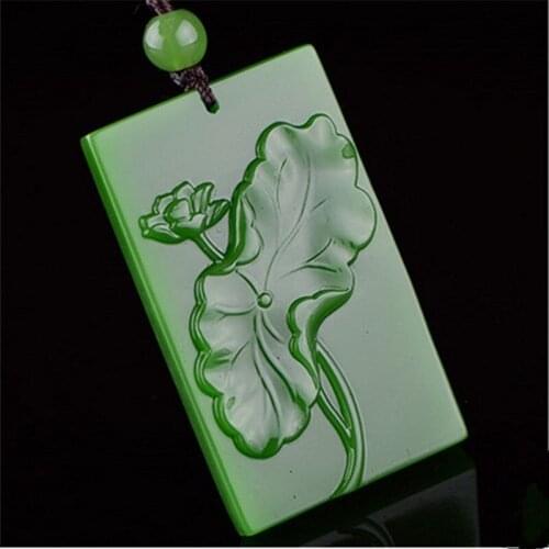High Imitation Green Pendant Necklace Carved Lotus Flower Lotus Leaf Men Womens Fashion Jewelry Free Rope