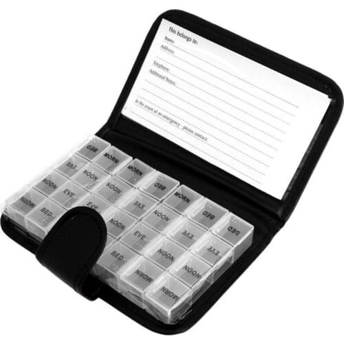 Portable 28 Grids Pill Box Tablet 7 Day Weekly Medicine Box Drug Dispenser Tablet Holder Organiser Pill Wallet with PU Bag