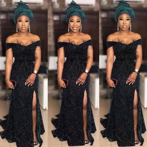 Sexy Black High Split Aso ebi Styles Wedding Guest Dresses Mermaid Elegant longue Evening Gown Feathers robe de soiree