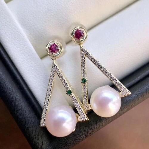 D424 Pearl Earrings Fine Jewelry 925 Sterling Silver Round 9-10mm Natural Fresh Water White Pearls Drop Dangle Earrings
