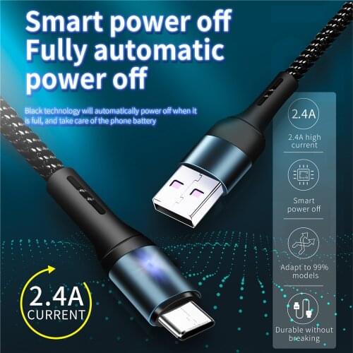 Smart Power Off USB Cable 18W Fast Charging Type C Data Wire Auto Power-off Protection Cord With LED For Micro