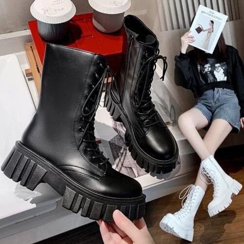New Mid Calf Boots Women Autumn Winter Fashion Lace-up Zipper Botas Mujer Boots Sports Platform Heel Ladies Shoes