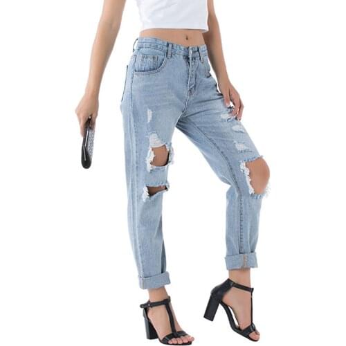 Women Loose Ripped Jeans, Adults Solid Color High Waist Pants with Pockets (Blue)