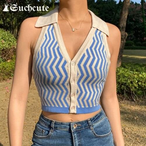 SUCHCUTE y2k Aesthetic Striped Halter Knitted Tops For Women Streetwear Modis 90s Outfits Sexy Backless Tank Tops