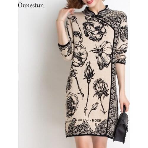 Chinese Style Floral Print Long Sweaters Dress Autumn Womens Clothing Long Sleeve Top Femme Pullover Plus Size Sweater Women