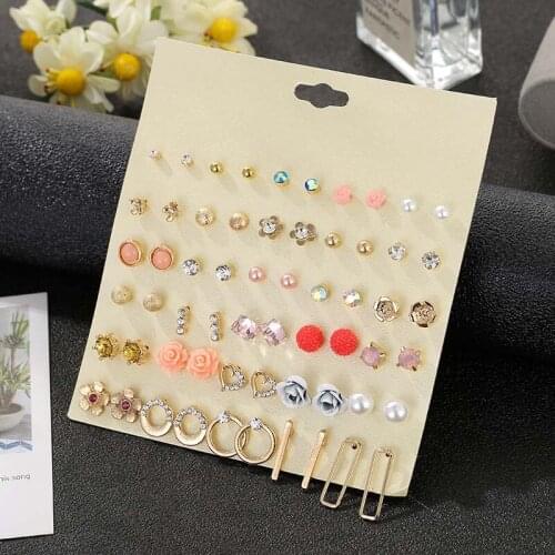 30 Pairs/set Vintage Crystal Pearl Cute Stud Earrings For Women Resin Flower Heart Round Mixed Geometric Ear Studs Jewelry Set