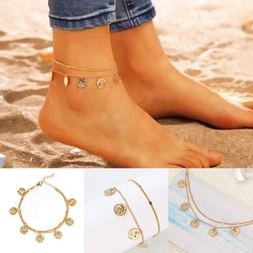 1pc Double Layer Metal Tassel Vintage Charm Coin Anklets Women Bracelets on the Leg Bohemia Summer Bohemian Foot Chain Jewelry