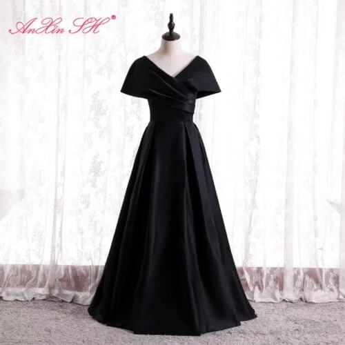 AnXin SH princess black satin evening dress vintage party v neck short sleeve lace up evening dress little black dress