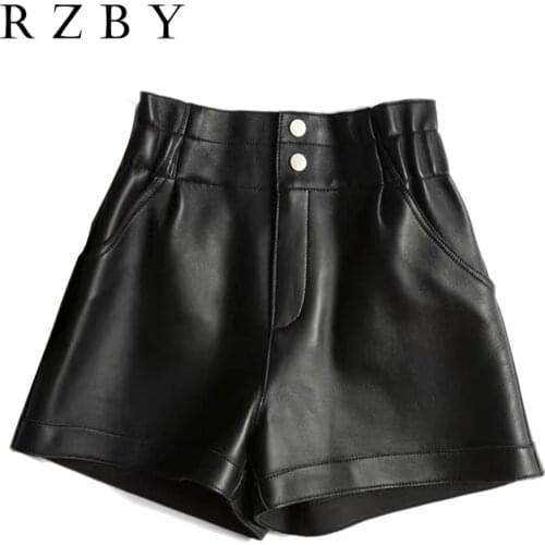 High Waist Black/Hhaki/Brown Casual Sheepskin Pantalones Cortos De Mujer Sexy Winter Women Genuine Leather Shorts RZBY239