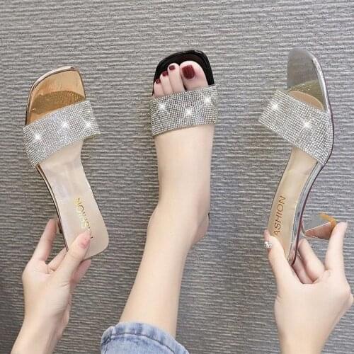 European and American Fashion Rhinestone Slippers Women Summer New Style Womens Shoes Wine Glass with Sandals Mid-heel35-42