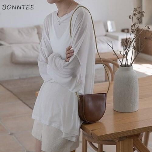 Long Sleeve T-shirts Women Sun Proof College Korean Style Loose O-neck Thin Cozy Fashion Summer Tops Streetwear Female Chic Ins