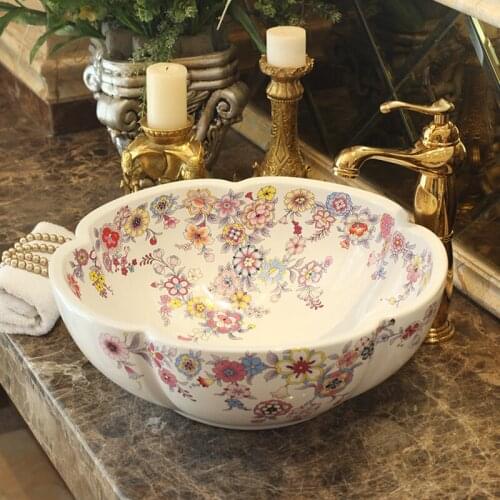 Jingdezhen Bathroom ceramic sink wash basin Counter Top Wash Basin Bathroom Sinks black porcelain vessel sink flower shape