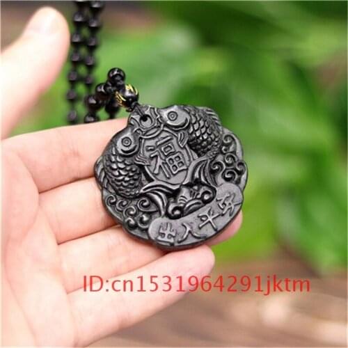 Hand-Carved Pendant Obsidian Necklace Amulet Carp Fish Natural Men Jade Accessories Gifts Jewelry for Green Chinese Charm Black