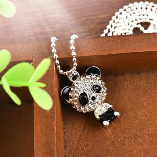 Womens Rhinestone Necklace Cute Moving Head Panda Pendant Sweater Chain Necklace for Women Charm Necklace Jewelry Metal Trendy