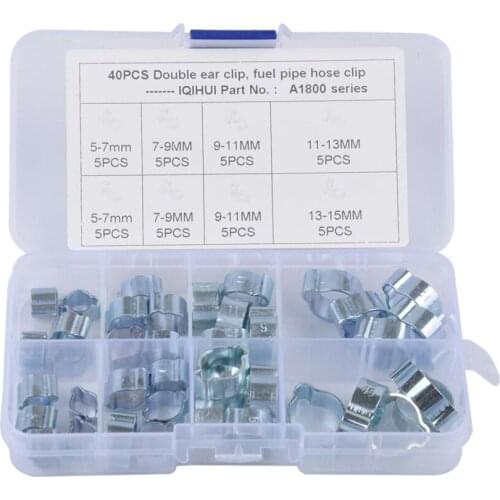 40x Stainless Steel Double Ear Hose Clamp Assortment Kit, 5-15mm Crimp Hose Clamp Assortment Kit