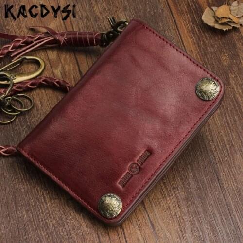 Genuine Cow Leather Original Handmade Retro Unisex Chain Wallets Multifunction Vertical Short Purse Blocking Holder Money Clips