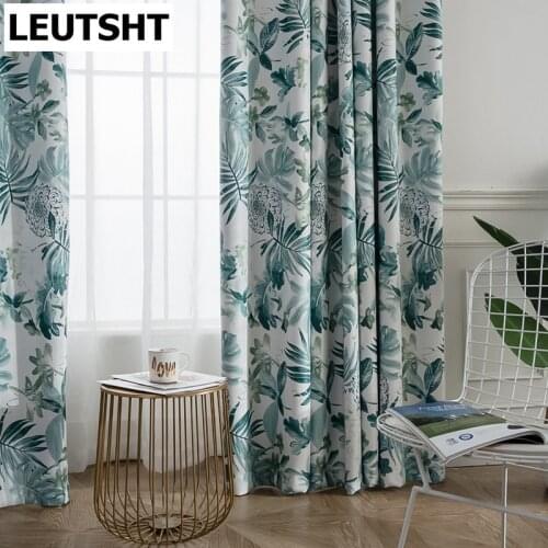 Nordic Linen Printing Curtains for Bedroom Thickened American Linen Shade Curtains for Living Room Green Leaves