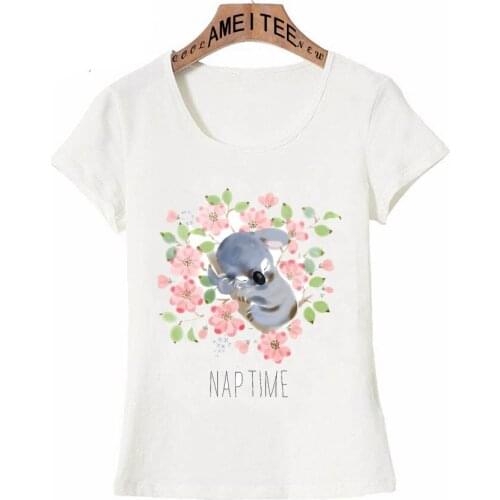 Fashion Women T-Shirt Sleep Koala Nap Time under Pink Flowers Watercolor T-Shirt Cute Girl Casual Tops Woman White Tee shirt