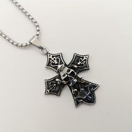 2019 New 316L Stainless steel hip hop Skull cross pendant necklace men Gothetic Retro silver color SKULL cross necklace