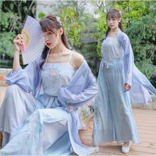 New Style Hanfu Women Chinese Traditional Embroidered Hanfu Blue Jacket+Top+Pants Full SetCosplay Costume Summer Dress For Women
