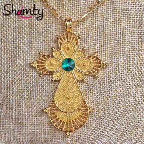 Shamty Ethiopian Necklace GREEN STONE Pure Gold Color African Nigeria Sudan Eritrea Kenya Eretrean Habesha style Jwelery