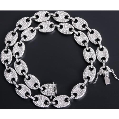 Iced Out CZ Gold Color Coffee Bean Pig Nose Alloy Rhinestone Necklace Charm Link Chain Necklaces Collares Men Jewelry Hip Hop