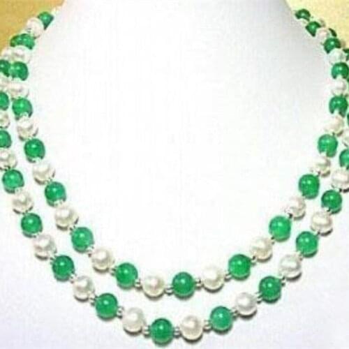 New fashion pretty 7-8mm natural white pearl green stone chalcedony round beads necklace for women elegant jewelry 36inchMY5313