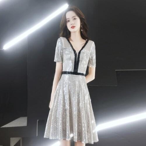 Special Occasion Dresses Vintage V-Neck Short Luxury Silver Knee-Length A-Line Satin Zipper Elegant Fashion Lady Prom Gown E1028
