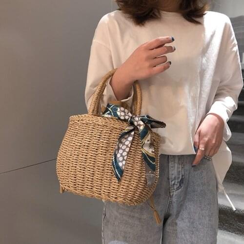 Casual Straw Basket Bags Wicker Woven Women Handbags Rattan Summer Beach Purses Small Tote Female Bali Purses Travel Sac 2021