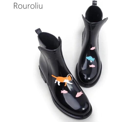 Rouroliu Women PVC Ankle Rain Boots Cartoon Animals Waterproof Water Shoes Woman Rainboots Wellies Slip-on TR114
