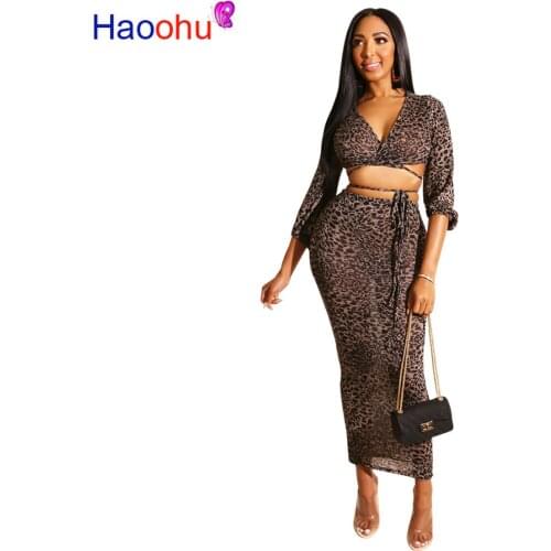 HAOOHU Sexy Leopard Print Sheer 2 Piece Skirt Set Deep-v Bandage Crop Top and Skirt Set Women Clothing Streetwear Club Outfits