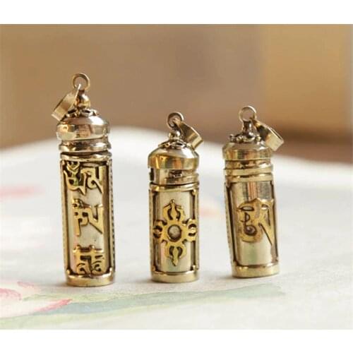 TGB088 Tibetan Mantras Amulet Prayer Box White Metal Copper Cylinder Pendant OM KALACHAKRA DORJE