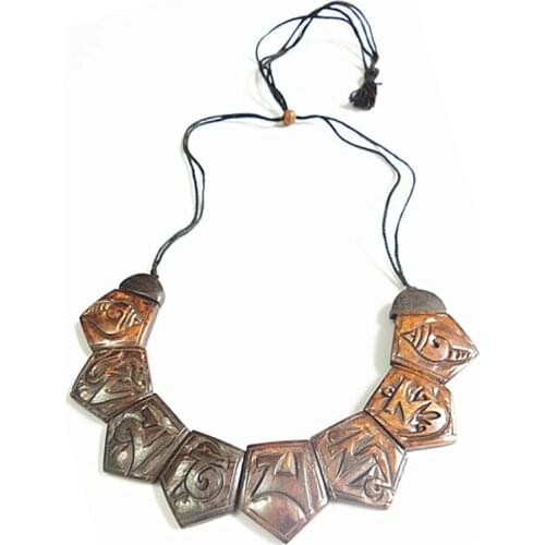 TNL551 Tibetan Yak Bone Carved Mantras Amulet Statement Choker Necklace OM MANI PAD ME HUM