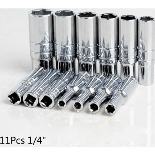 11Pcs 1/4" 4-14mm CR-V Lengthened Type Universal Socket Wrench Head Hand Tools Inner Hexagon Spanner Allen Head Auto Repair Tool