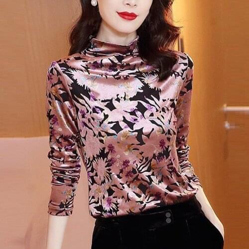 Spring Fall Korean Fashion Women Clothes Floral Printed Turtleneck Velvet Top Shirt , Woman Full Lseeve 3xl Velour Tshirts