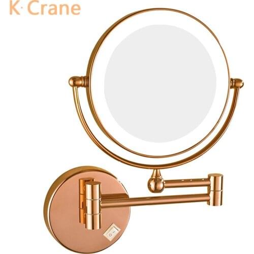 LED Light Rose Gold Bathroom Mirror Wall Mount Round Beauty Mirrors 3X 5X 7X 10X Folding Magnifying Miroir Modern Luxury Copper