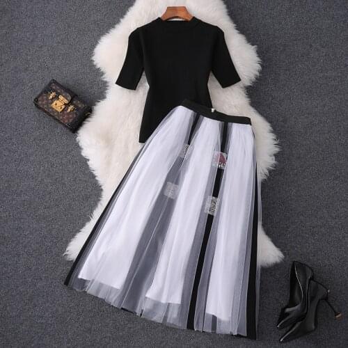 2021 Spring and Summer Womens Clothing New Small Stand Collar Short-Sleeved Sweater Color Matching Diamond Mesh Skirt Suit