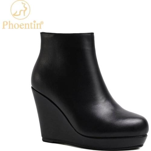 Phoentin wedge booties for women autumn winter 2020 female super high boots platform shoes round toe real leather shoes FT1136