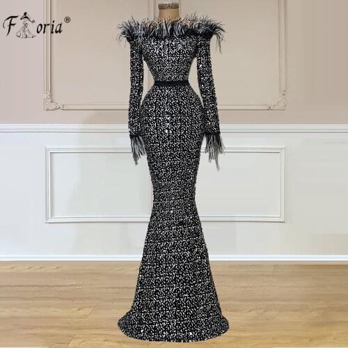 Sexy Boat Neck Feathers Evening Dresses Elegant Long Sleeve Vintage Formal Party Gowns Floor Length Sequined Mermaid Dress