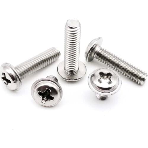 10/50pcs M2 M2.5 M3 M4 304 A2-70 Stainless Steel PWM DIN967 Cross Phillips Pan Round Washer Head Screw Bolt with Padded Collar