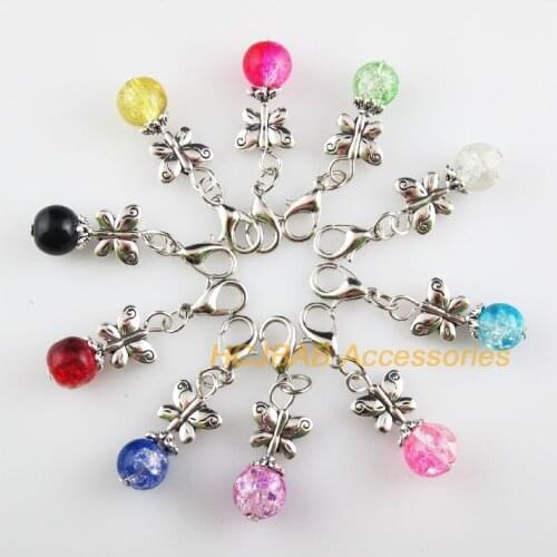 10 New Butterfly 11x22mm Charms Mixed Shivering Glass Tibetan Silver Plated Retro With Lobster Claw Clasps