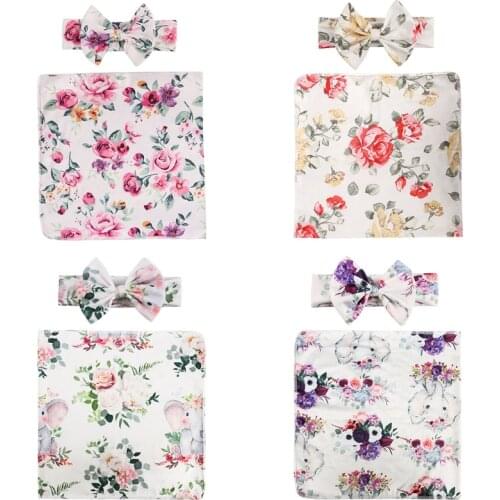 2 Pcs Newborn Baby Receiving Blanket Headband Set Infant Floral Print Swaddle Wrap Sleeping Bag Hair Band Kits for Infants M15