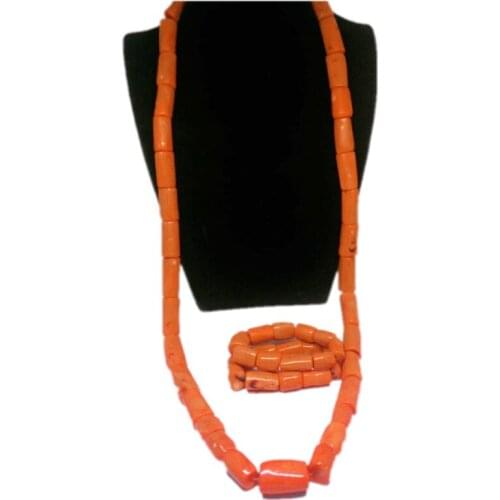 4UJewelry Mens Coral Beads Jewelry Set For Africa Groom Long Necklace +Bracelet Edo Traditional Jewellery Set Red Orange White