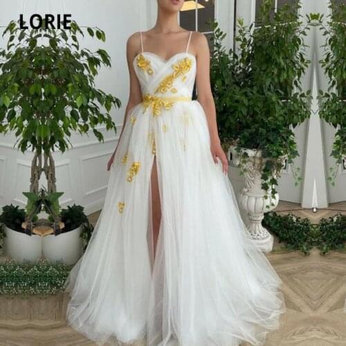 Eightale White and Gold Prom Dresses Spagehtti Strap Front Split Floor Length Pleats A-Line Long Evening Gown Party Dress 2021