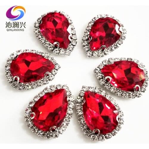 Free shipping Top grade Silver bottom Glass Crystal buckle,Red Drop shape sew on rhinestones,Diy/wedding decoration SWSKY07