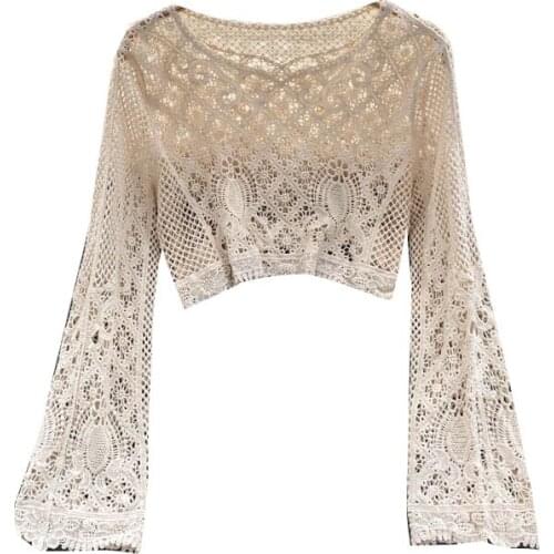 Bohemian Summer Retro Crocheted Hollow Long-sleeved Shirt Fashion Outer Wear Short Coat Female Holiday Small Shirt