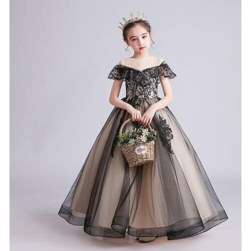 Flower Girl Dress Embroidery Illusion Sequined Short Princess Floor-Length Luxury O-Neck Lace Tulle Lovely Kids Party Gown H198